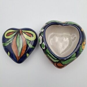 Talavera Mexican Pottery Trinket Box Hand Painted Heart Terra‎ Cotta Folk Art